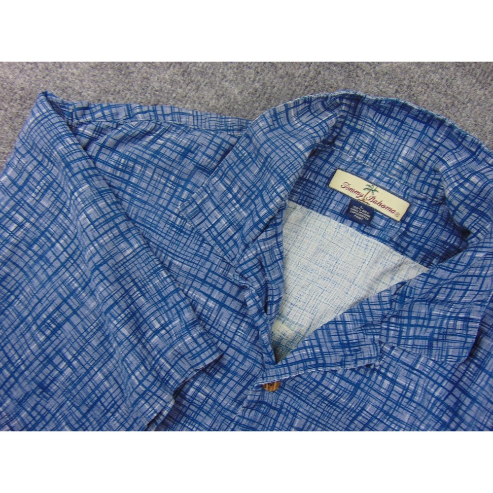 Tommy Bahama Shirt‎ Mens Large Silk Blue Plaid Tropical Cocktail Palm Tree Print